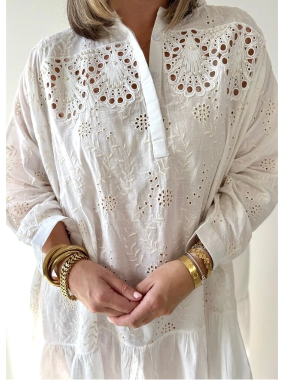 POL Ivory Eyelet Embroidered Tunic Boho Dress - Oversized